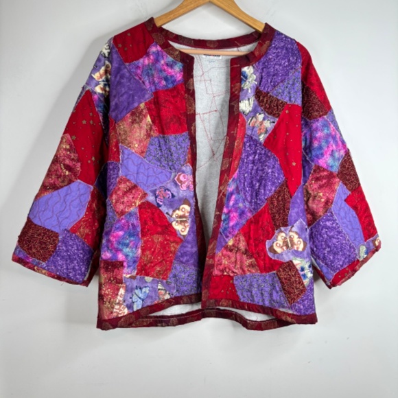 VTG Quilted Coat Kimono Patchwork Purple Butterfly Jerzees L Artsy Granny Boho - Picture 9 of 9